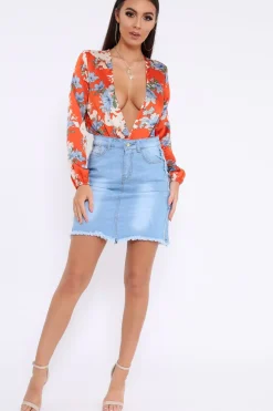Rebellious Fashion Red Floral Long Sleeve Plunge Bodysuit - Nicole