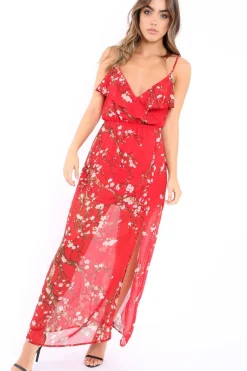 Rebellious Fashion Red Floral Maxi Dress with Frill - Zaila