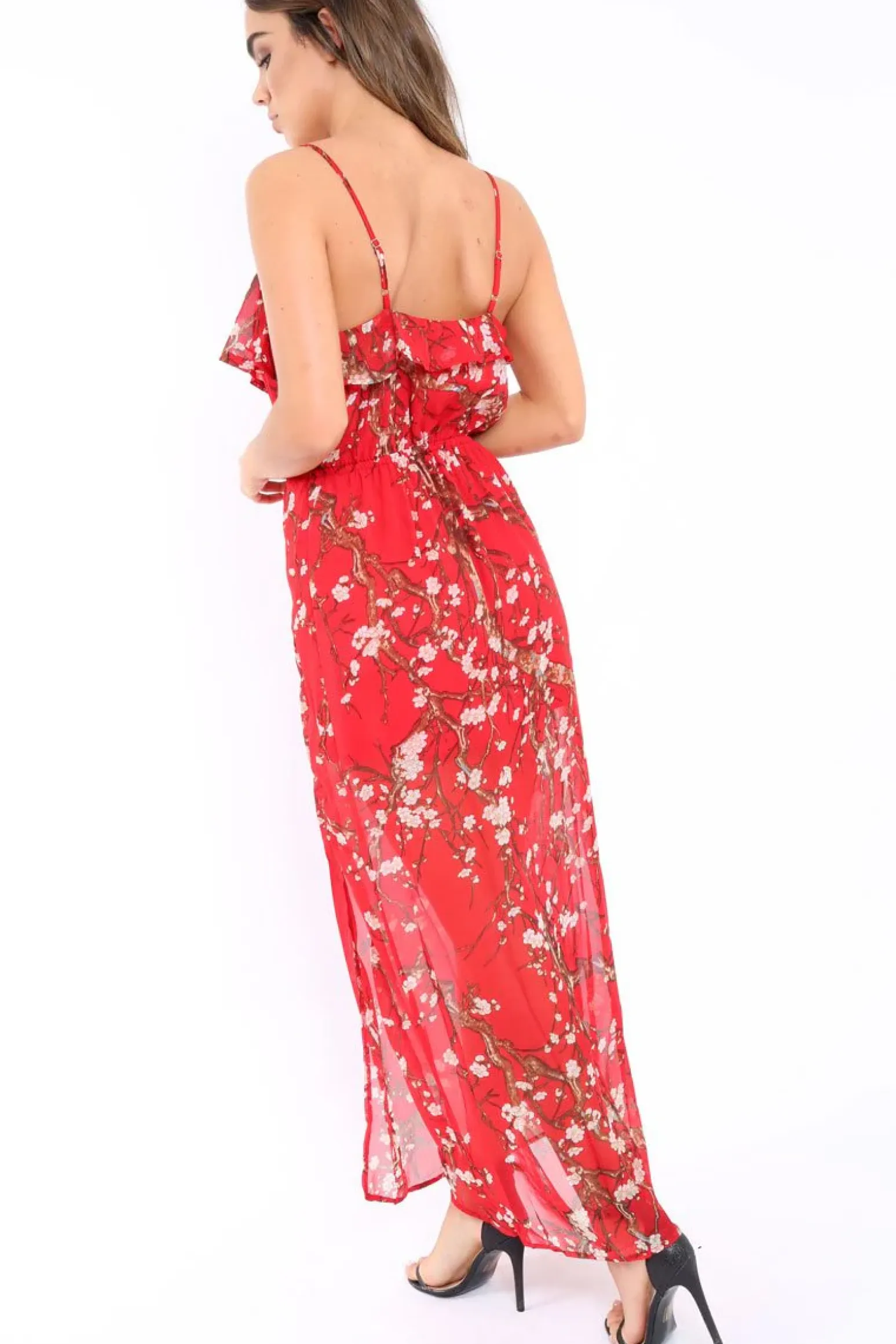 Rebellious Fashion Red Floral Maxi Dress with Frill - Zaila