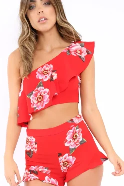 Rebellious Fashion Red Floral One Shoulder Co-ord - Ivree