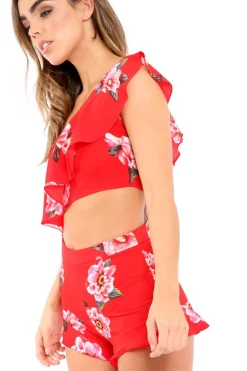 Rebellious Fashion Red Floral One Shoulder Co-ord - Ivree