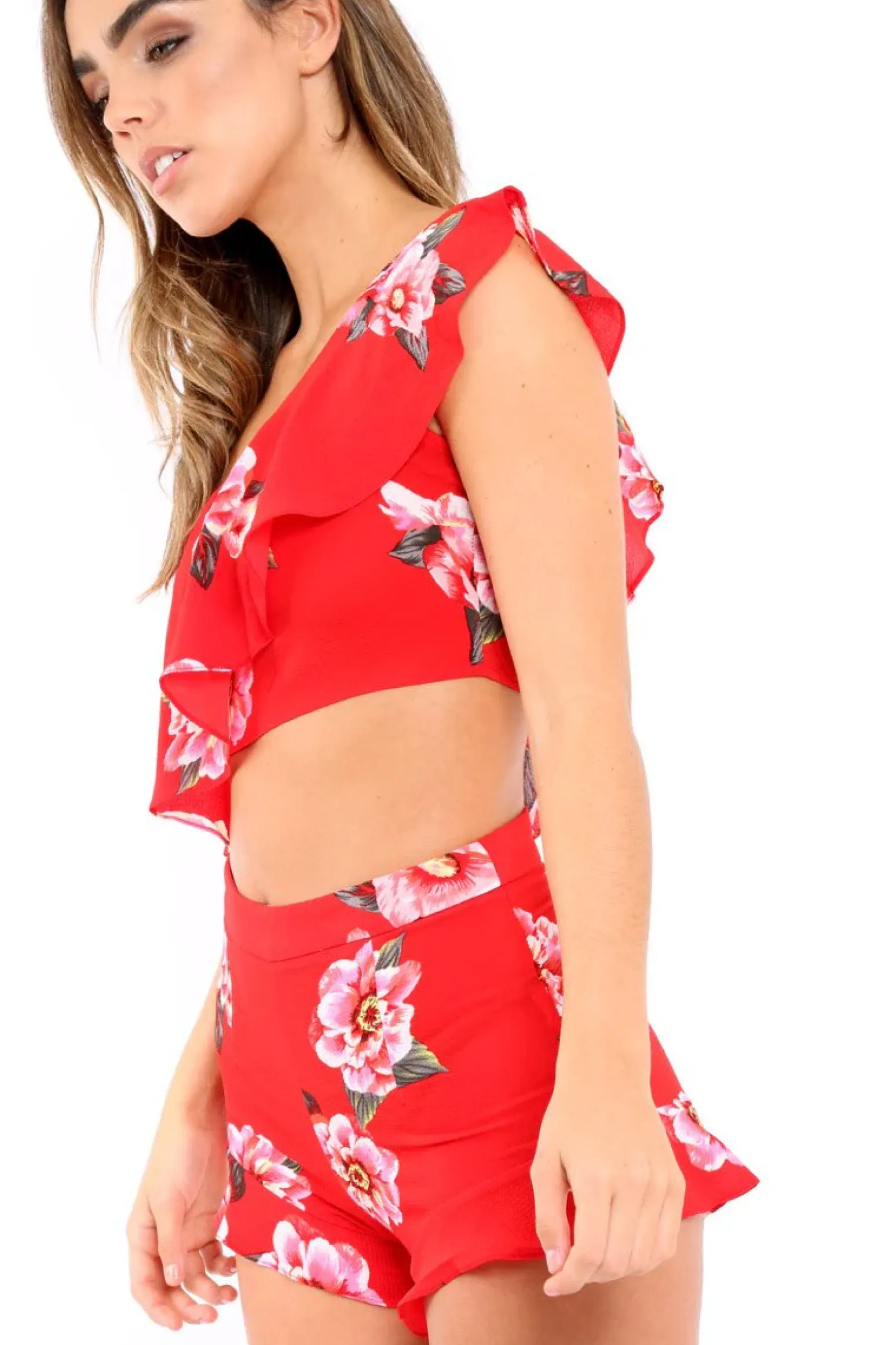 Rebellious Fashion Red Floral One Shoulder Co-ord - Ivree