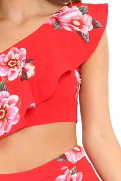 Rebellious Fashion Red Floral One Shoulder Co-ord - Ivree