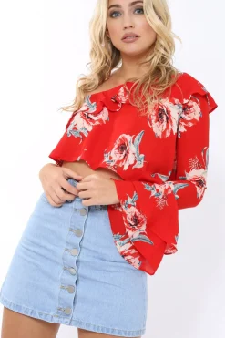Rebellious Fashion Red Floral One Sleeved Crop Top - Beatrice