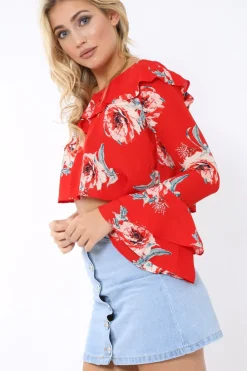 Rebellious Fashion Red Floral One Sleeved Crop Top - Beatrice