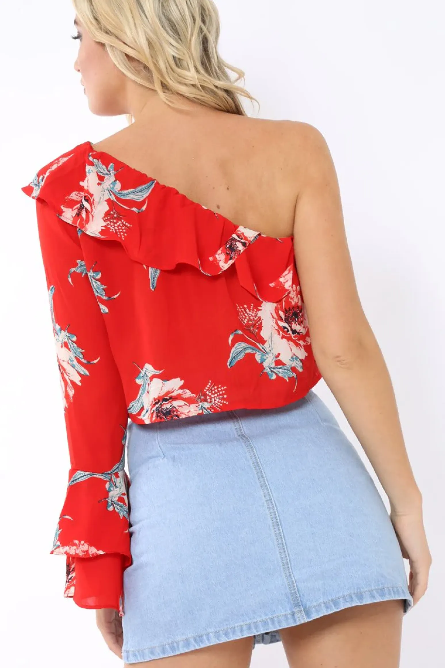 Rebellious Fashion Red Floral One Sleeved Crop Top - Beatrice