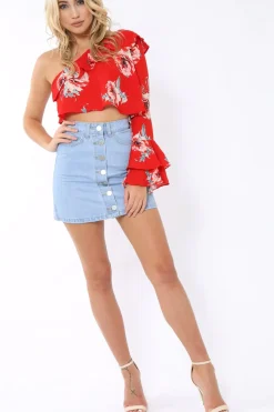 Rebellious Fashion Red Floral One Sleeved Crop Top - Beatrice