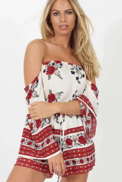 Rebellious Fashion Red Floral Print Bardot Playsuit - Joanna