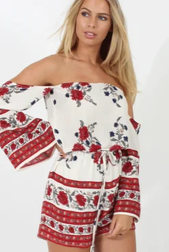 Rebellious Fashion Red Floral Print Bardot Playsuit - Joanna