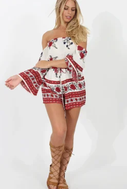 Rebellious Fashion Red Floral Print Bardot Playsuit - Joanna