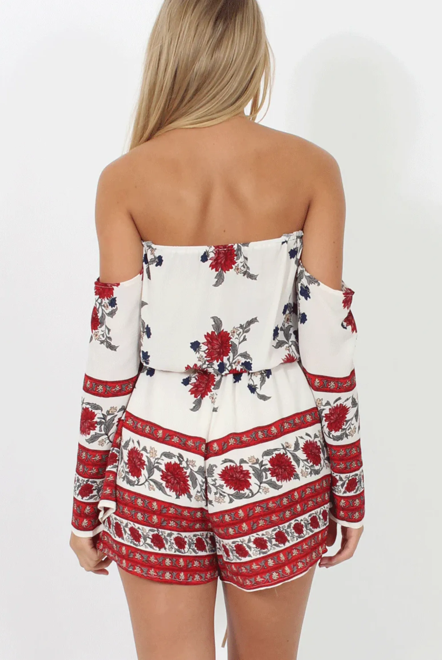 Rebellious Fashion Red Floral Print Bardot Playsuit - Joanna