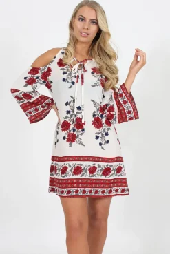 Rebellious Fashion Red Floral Print Cold Shoulder Dress - Penelope