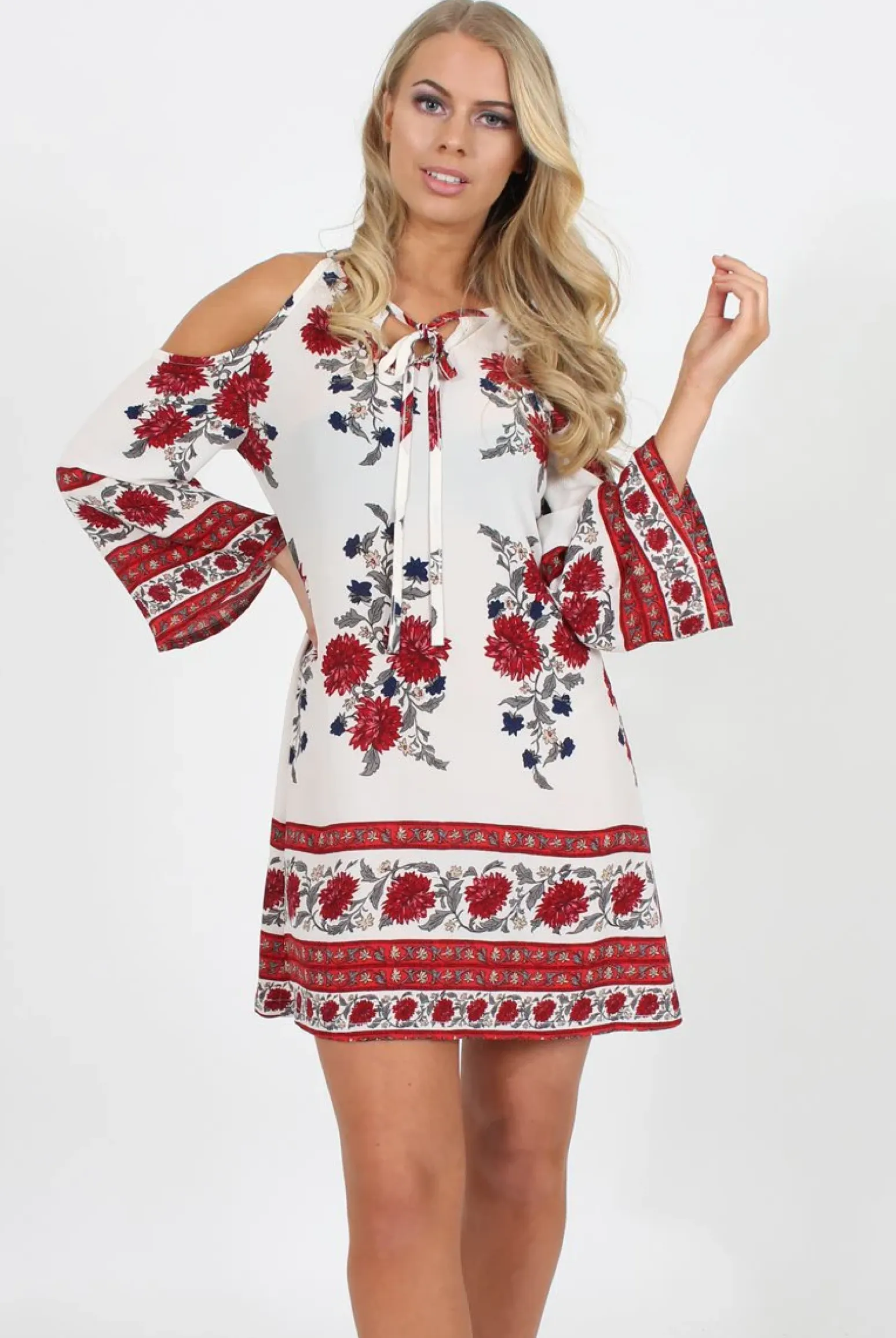 Rebellious Fashion Red Floral Print Cold Shoulder Dress - Penelope