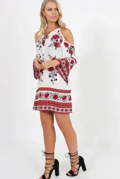 Rebellious Fashion Red Floral Print Cold Shoulder Dress - Penelope