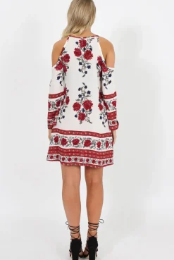 Rebellious Fashion Red Floral Print Cold Shoulder Dress - Penelope