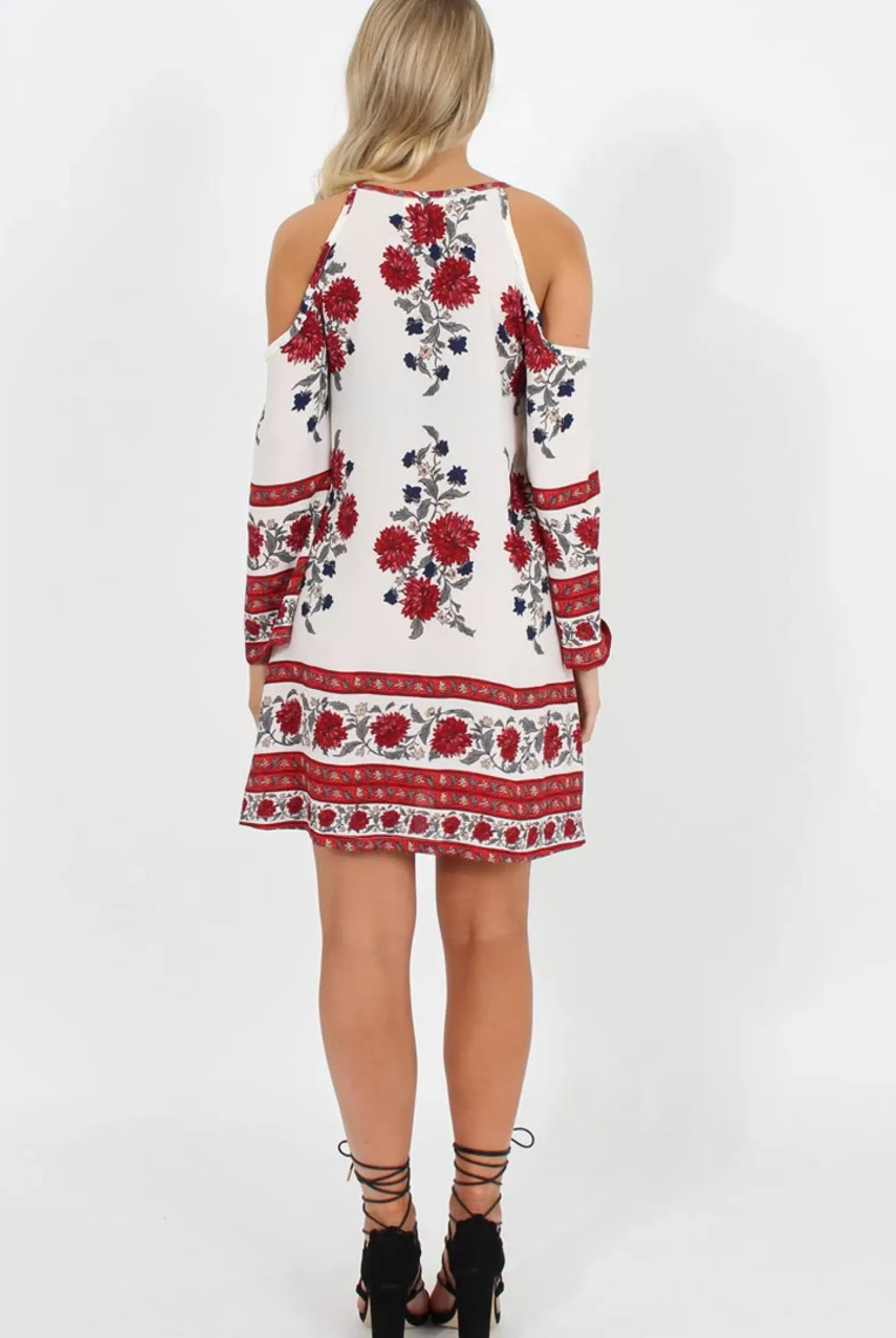 Rebellious Fashion Red Floral Print Cold Shoulder Dress - Penelope