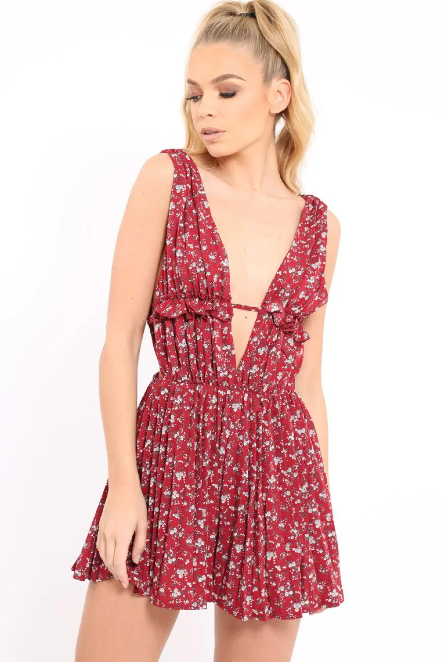Rebellious Fashion Red Floral Print Plunge Tie Back Pleated Playsuit - Remy
