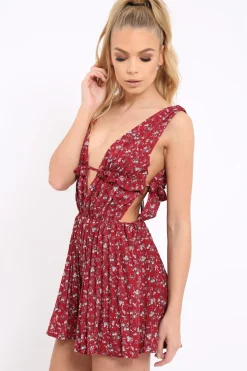 Rebellious Fashion Red Floral Print Plunge Tie Back Pleated Playsuit - Remy