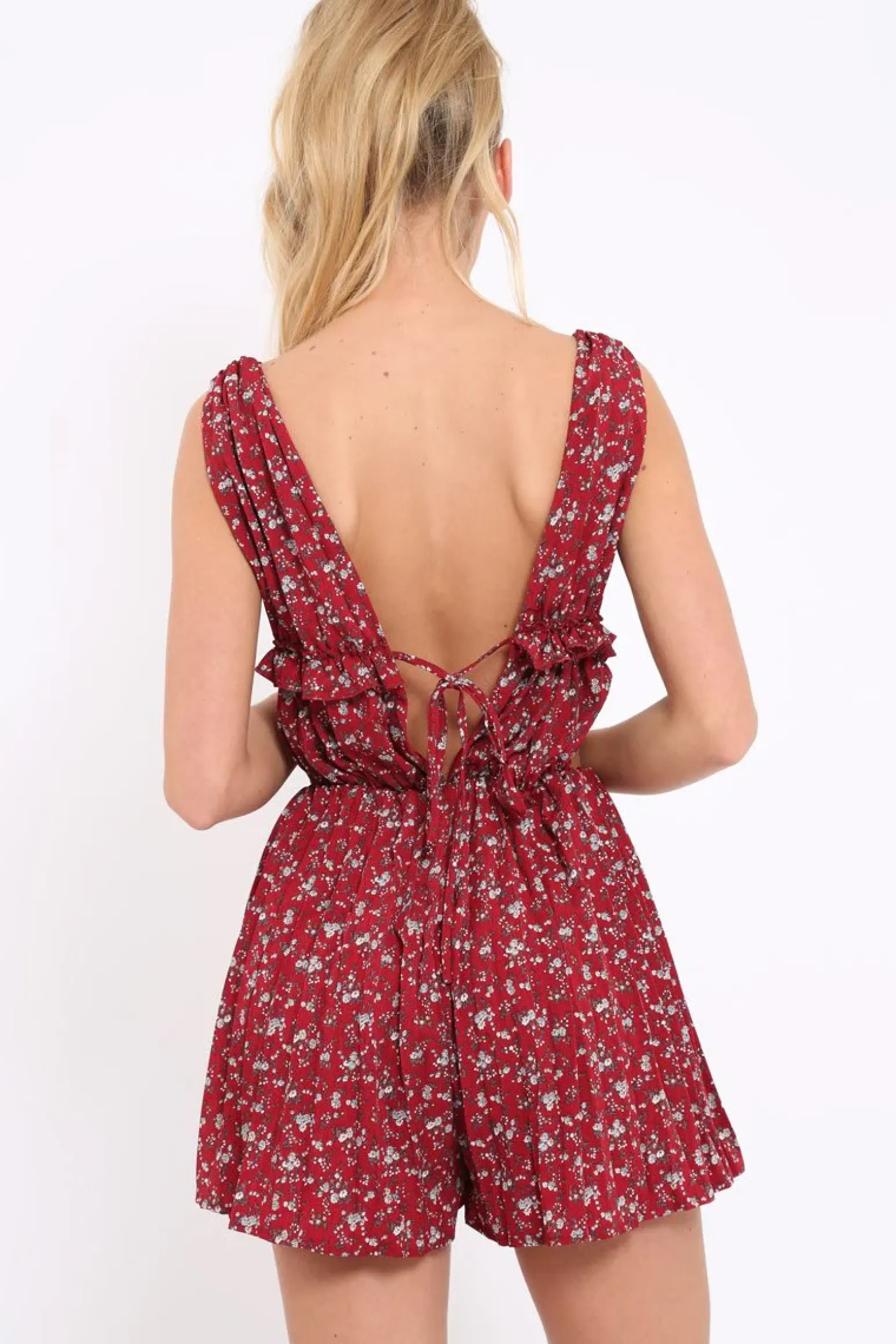 Rebellious Fashion Red Floral Print Plunge Tie Back Pleated Playsuit - Remy