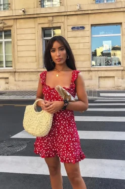 Rebellious Fashion Red Floral Print Ruffle Dress - Linda