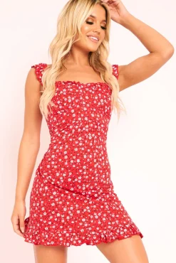 Rebellious Fashion Red Floral Print Ruffle Dress - Linda
