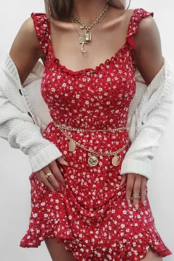 Rebellious Fashion Red Floral Print Ruffle Dress - Linda