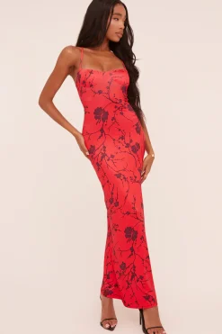 Rebellious Fashion Red Floral Print Shoulder Straps Maxi Dress - Madelon