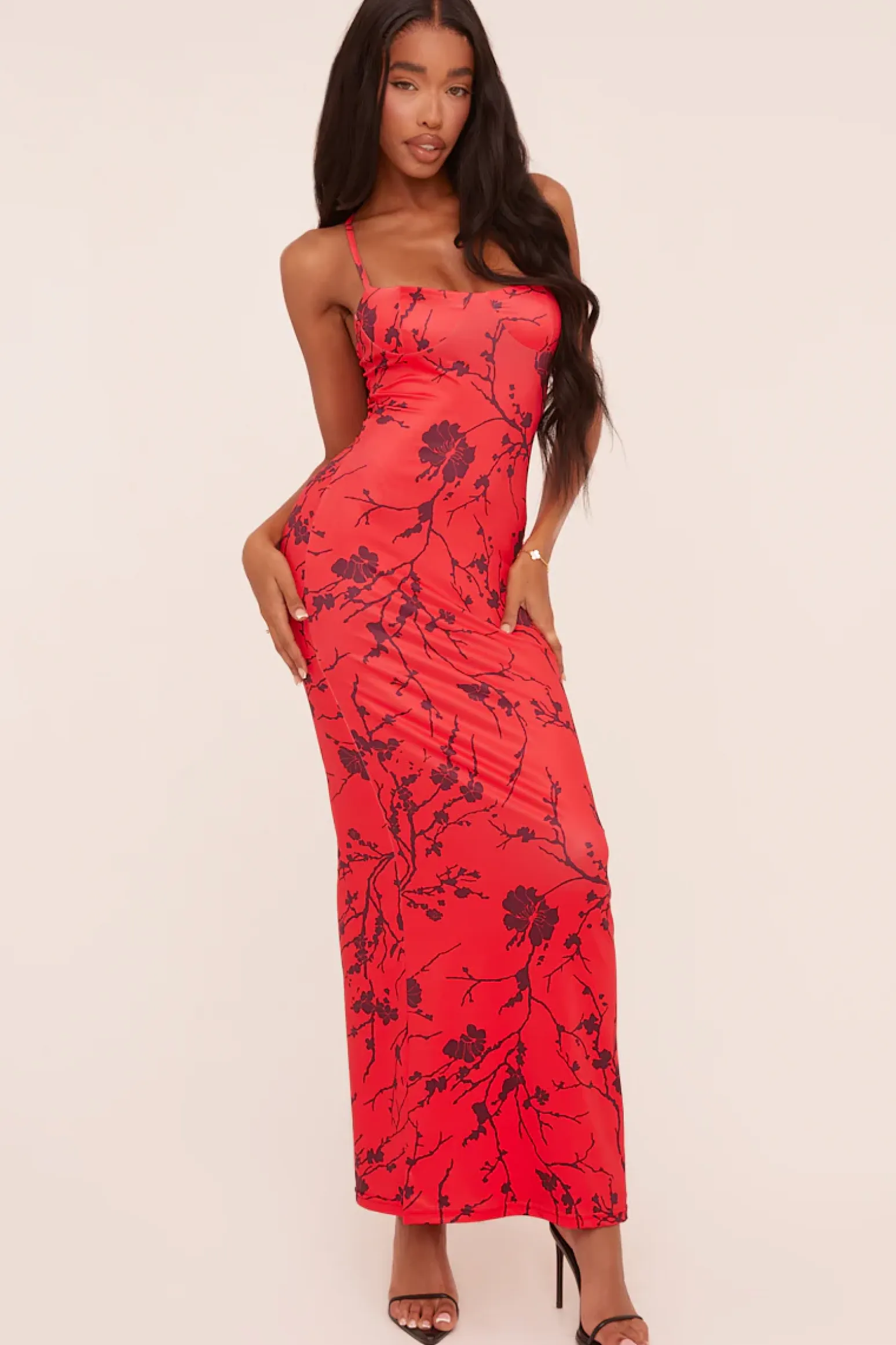Rebellious Fashion Red Floral Print Shoulder Straps Maxi Dress - Madelon