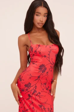 Rebellious Fashion Red Floral Print Shoulder Straps Maxi Dress - Madelon