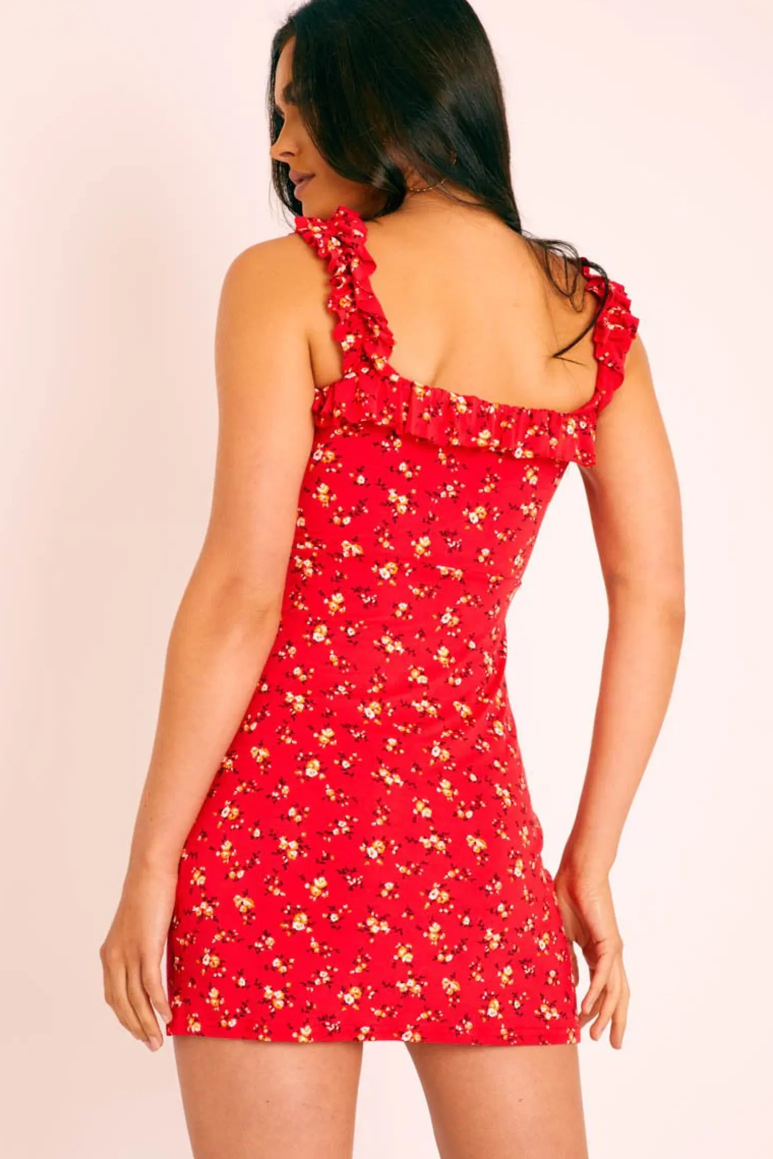 Rebellious Fashion Red Floral Print Tie front Ruffle Dress - Paxton