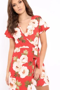 Rebellious Fashion Red Floral Print Wrap Dress - Norie