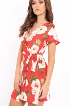 Rebellious Fashion Red Floral Print Wrap Dress - Norie