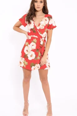 Rebellious Fashion Red Floral Print Wrap Dress - Norie