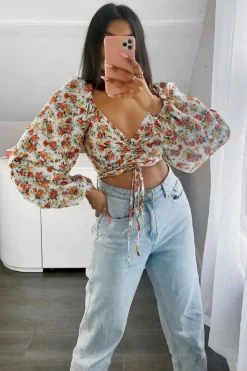 Rebellious Fashion Red Floral Ruched Centre Bardot Crop Top - Heily