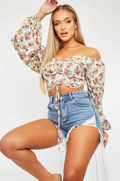 Rebellious Fashion Red Floral Ruched Centre Bardot Crop Top - Heily