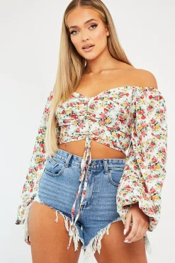 Rebellious Fashion Red Floral Ruched Centre Bardot Crop Top - Heily
