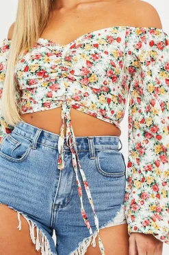 Rebellious Fashion Red Floral Ruched Centre Bardot Crop Top - Heily