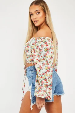 Rebellious Fashion Red Floral Ruched Centre Bardot Crop Top - Heily