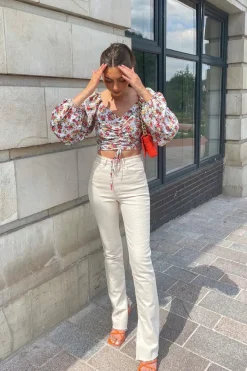 Rebellious Fashion Red Floral Ruched Centre Bardot Crop Top - Heily