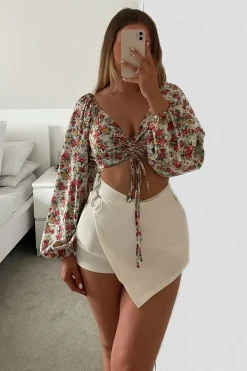 Rebellious Fashion Red Floral Ruched Centre Bardot Crop Top - Heily