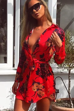Rebellious Fashion Red Floral Satin Shirt Tie Dress - Sophina