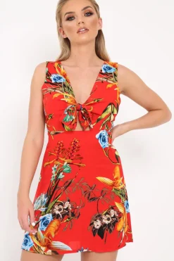 Rebellious Fashion Red Floral Tie Front Dress - Daylen
