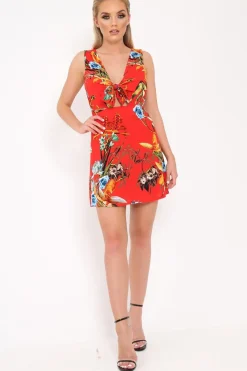 Rebellious Fashion Red Floral Tie Front Dress - Daylen