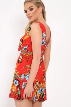 Rebellious Fashion Red Floral Tie Front Dress - Daylen