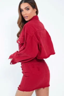 Rebellious Fashion Red Frayed Hem Crop Denim Jacket - Ryia