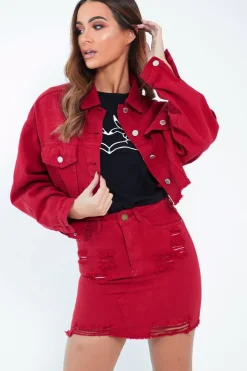 Rebellious Fashion Red Frayed Hem Crop Denim Jacket - Ryia
