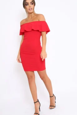 Rebellious Fashion Red Frill Bardot Midi Dress - Bridget