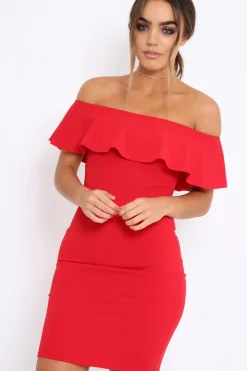 Rebellious Fashion Red Frill Bardot Midi Dress - Bridget