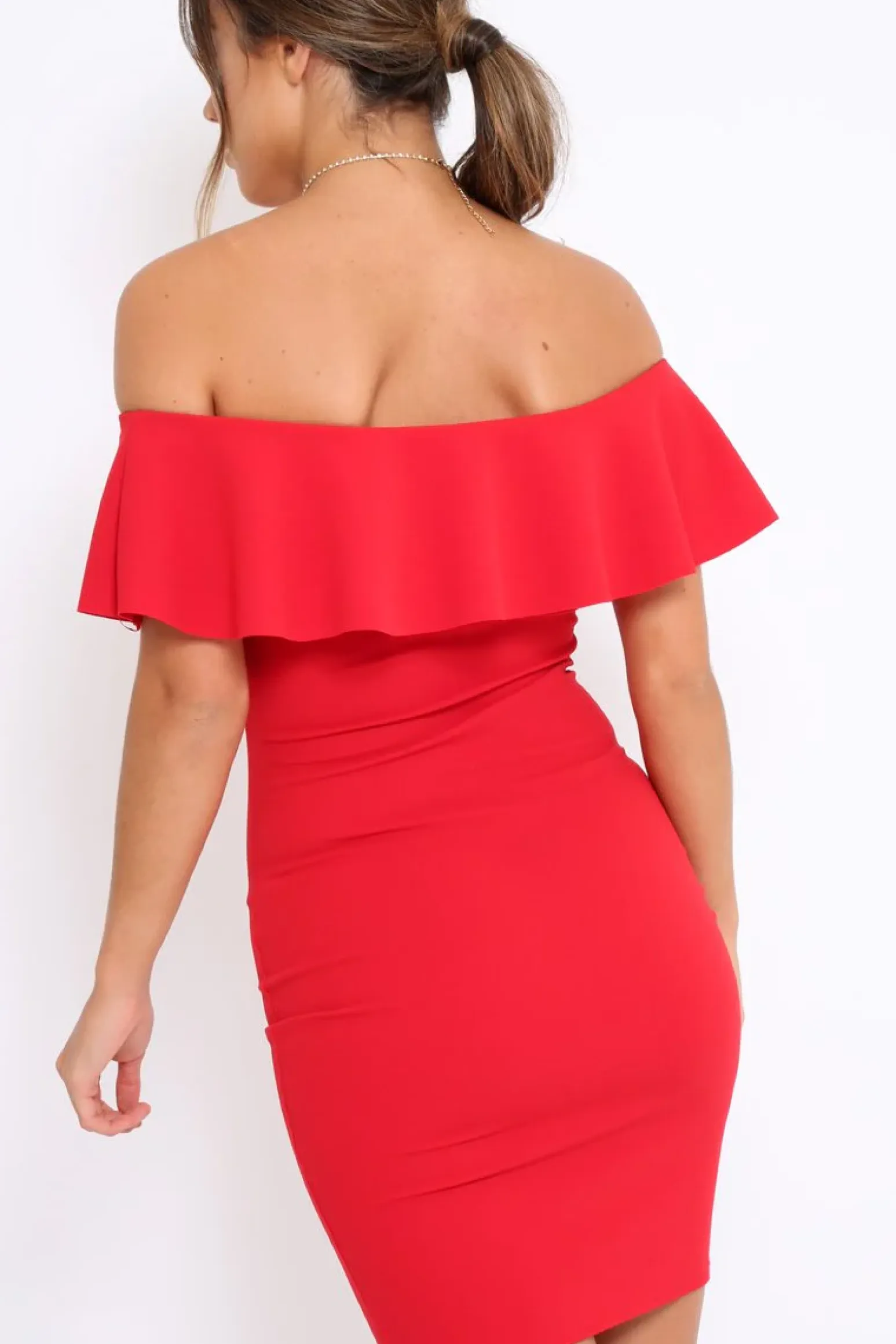 Rebellious Fashion Red Frill Bardot Midi Dress - Bridget