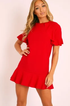 Rebellious Fashion Red Frill Detail Peplum Dress - Birda